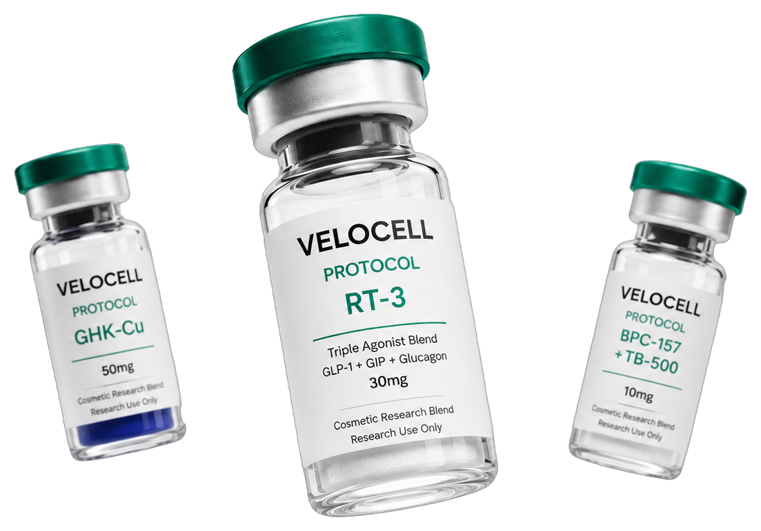 Velocell RT-3, GHK-Cu, and BPC-157 + TB-500 research vials